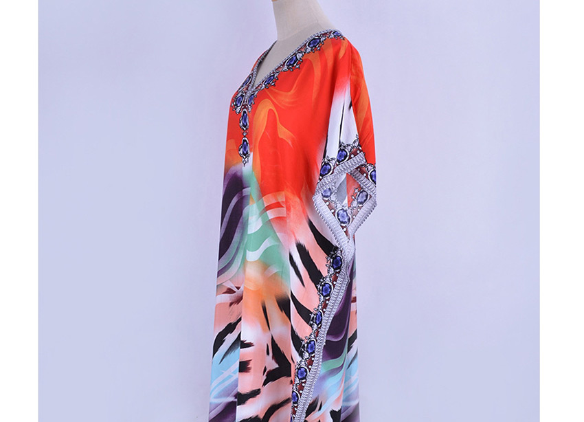 Fashion Orange Cotton Printed Contrast V-neck Plus Size Dress,Long Dress