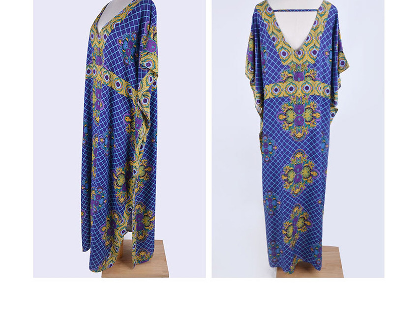 Fashion Royal Blue Flower Print V-neck Maxi Dress,Long Dress