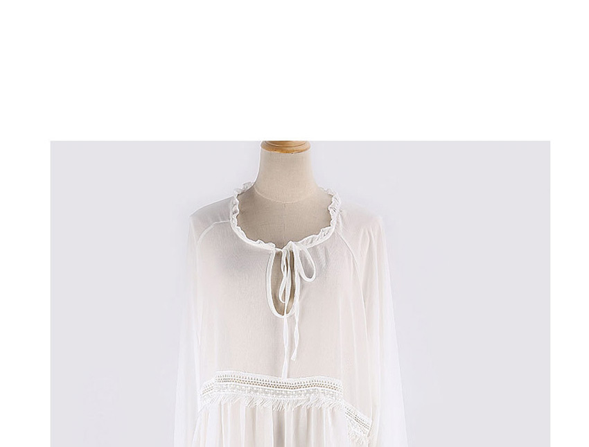 Fashion White Chiffon Ruffled Cutout Tether Long Sleeve Coat,Sunscreen Shirts
