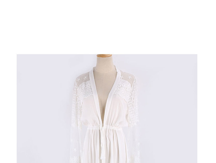 Fashion White Long Cotton Cardigan With Lace And Belt,Sunscreen Shirts
