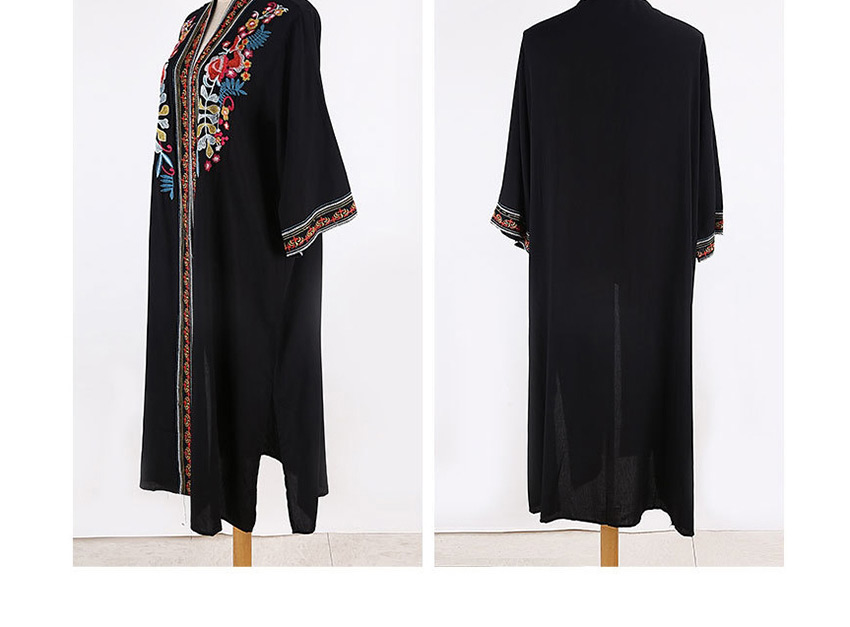 Fashion Black Midi Embroidered Cardigan Midi Dress,Sunscreen Shirts