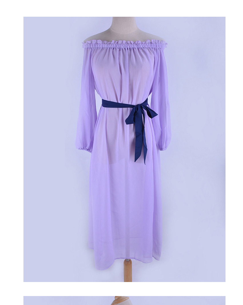 Fashion Light Blue Chiffon One-neck Belted Long Sleeve Dress,Long Dress