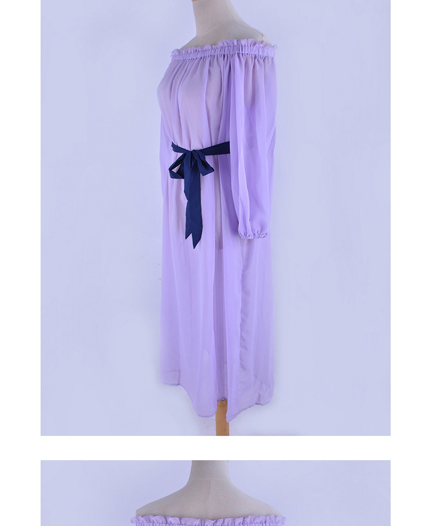 Fashion Light Purple Chiffon One-neck Belted Long Sleeve Dress,Long Dress