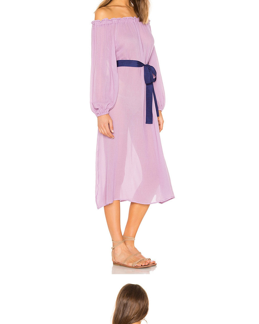 Fashion Light Purple Chiffon One-neck Belted Long Sleeve Dress,Long Dress