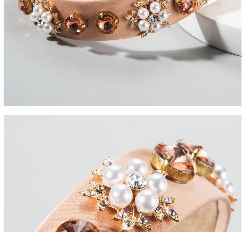 Fashion Fuchsia Wide-edged Diamond-pearl Flower Geometry Hoop,Head Band
