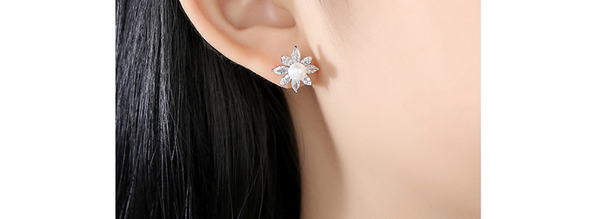 Fashion Platinum Silver-plated Brass Flower Earrings With Diamonds,Earrings