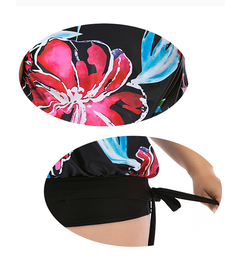 Fashion Pink Flower Print Sleeveless Plus Size Split Swimsuit,Swimwear Plus Size