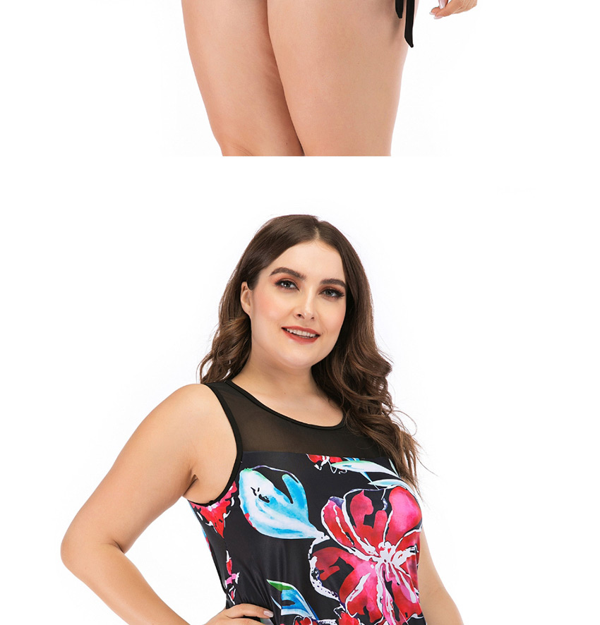 Fashion Pink Flower Print Sleeveless Plus Size Split Swimsuit,Swimwear Plus Size
