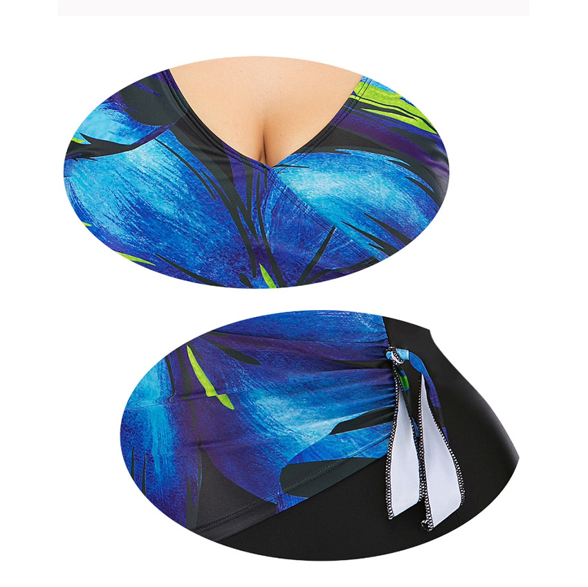 Fashion Blue Geometric Print V-neck Large Size One-piece Women