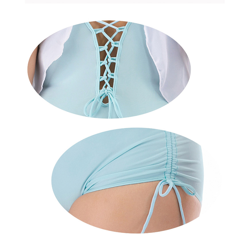 Fashion Light Blue Ruffled Drawstring Straps Plus Size One-piece Female Swimmer,Swimwear Plus Size