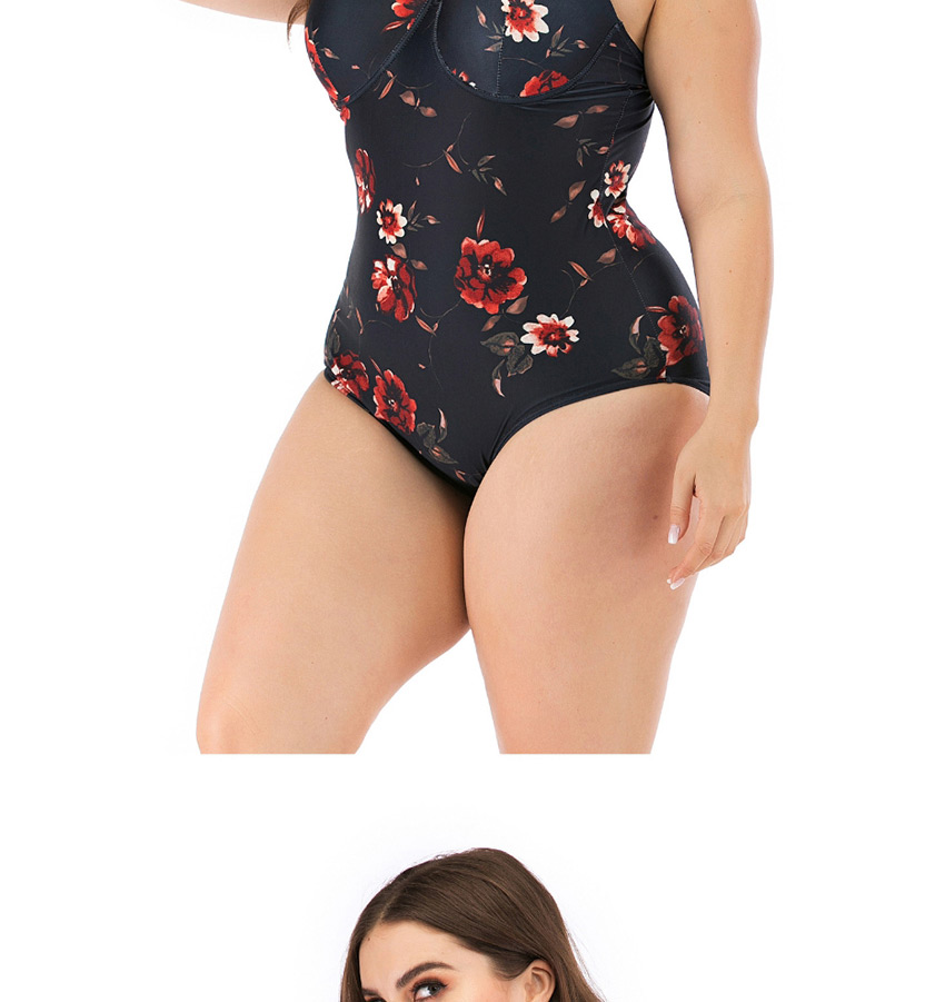 Fashion Black Flower Print Halter Cutout Plus Size One-piece Swimsuit,Swimwear Plus Size
