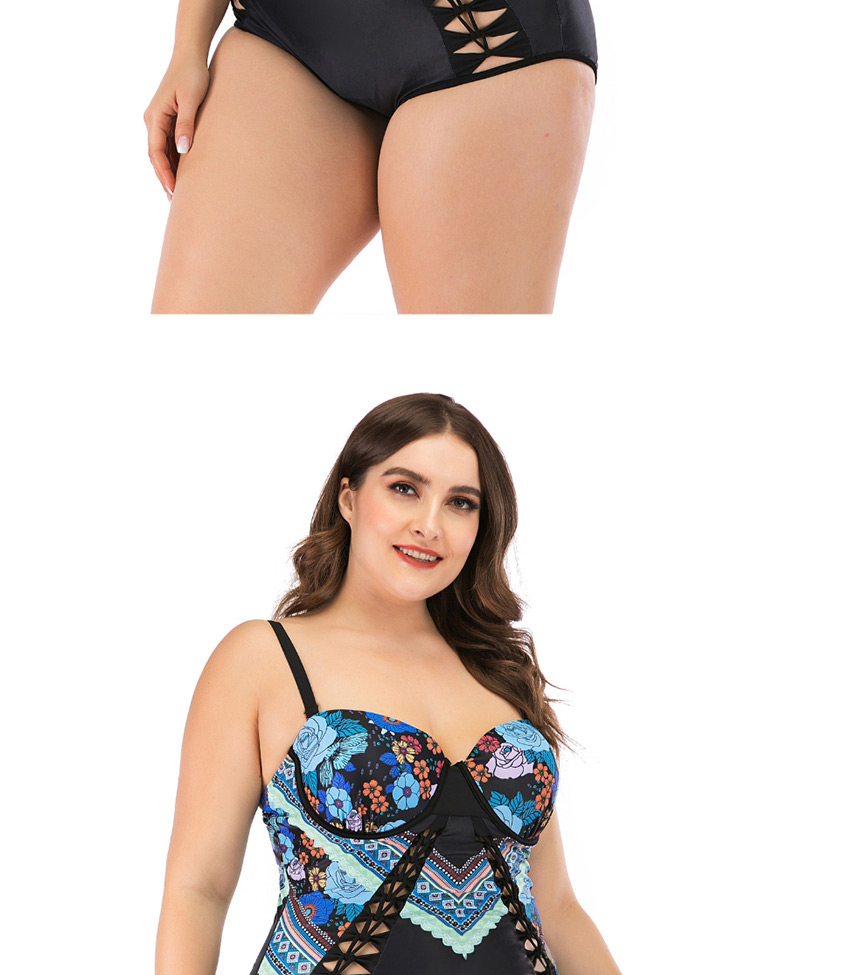 Fashion Blue Flower Print Cutout Plus Size One-piece Swimsuit,Swimwear Plus Size