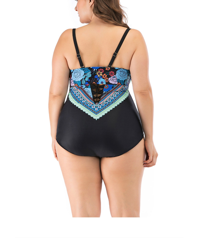 Fashion Blue Flower Print Cutout Plus Size One-piece Swimsuit,Swimwear Plus Size