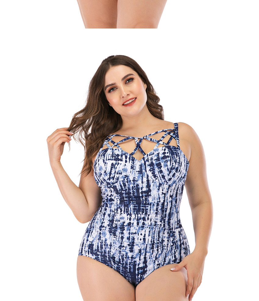 Fashion Blue Printed Cutout Plus Size One-piece Swimsuit,Swimwear Plus Size