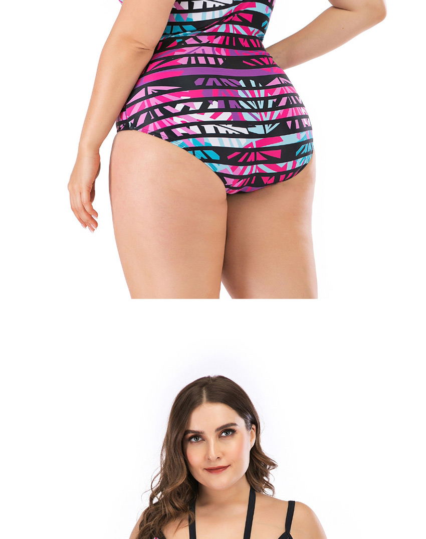 Fashion Rose Pink Leaf Stripe Print Cutout Plus Size One-piece Swimsuit,Swimwear Plus Size