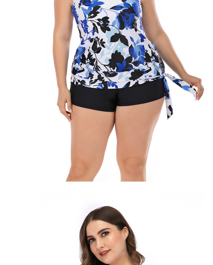 Fashion Blue Flower Print Drawstring Split Swimsuit,Swimwear Plus Size