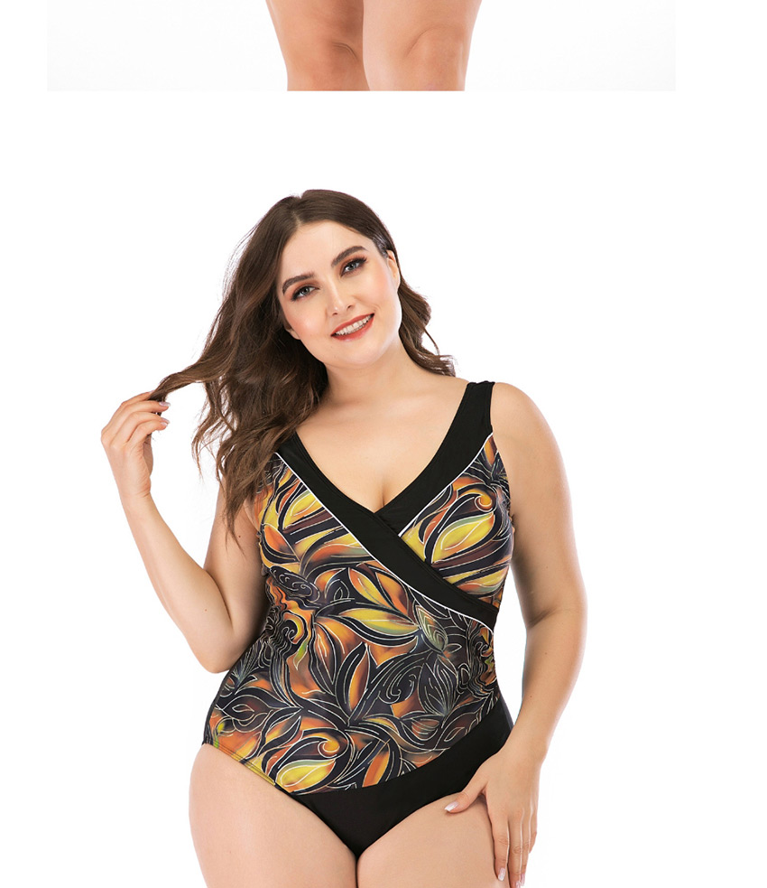 Fashion Coffee Color Geometric Print Cross V-neck One-piece Swimsuit,Swimwear Plus Size