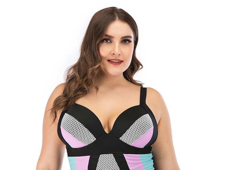 Fashion Color Geometric Print Contrast Color V-neck One-piece Swimsuit,Swimwear Plus Size
