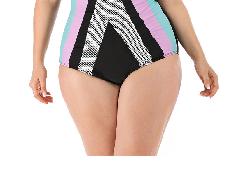 Fashion Color Geometric Print Contrast Color V-neck One-piece Swimsuit,Swimwear Plus Size