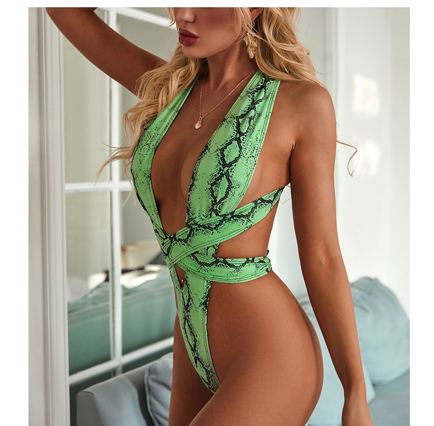 Fashion Green Snake Pattern Snake Print Bandage Hollow Drain Back Chain Swimsuit,One Pieces