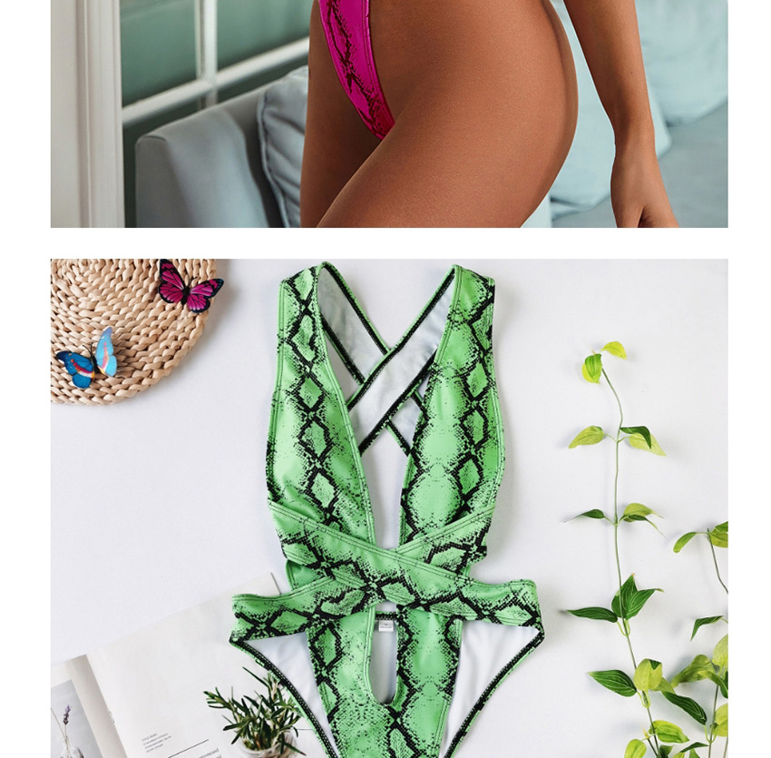 Fashion Green Snake Pattern Snake Print Bandage Hollow Drain Back Chain Swimsuit,One Pieces