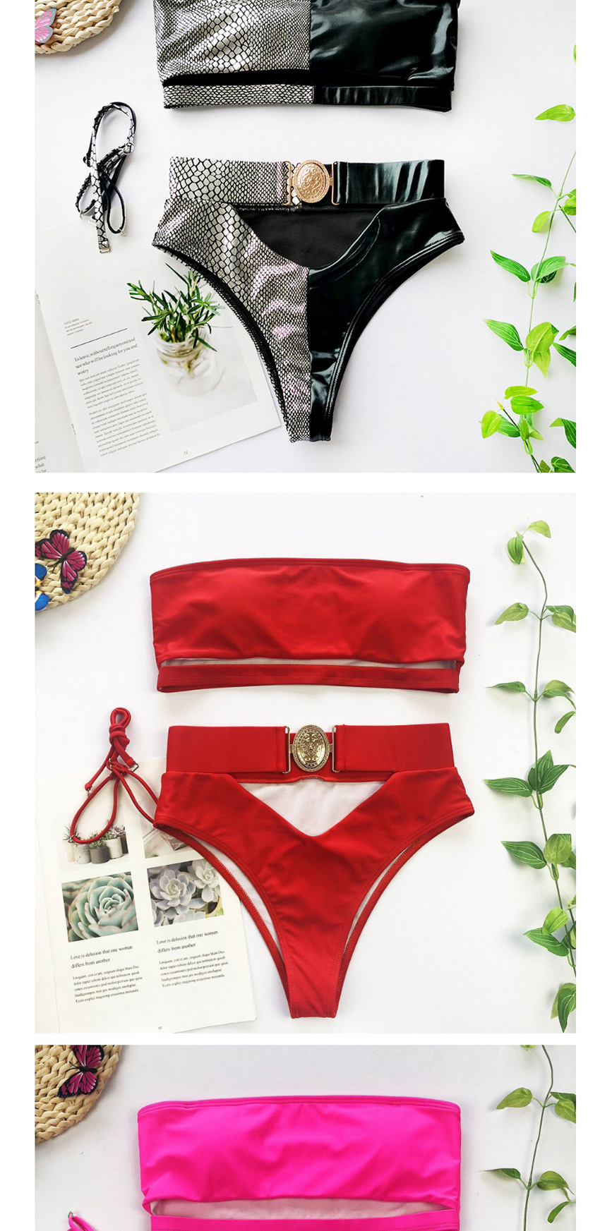 Fashion Red Metal Buckle Cutout Bandage Split Swimsuit,Bikini Sets