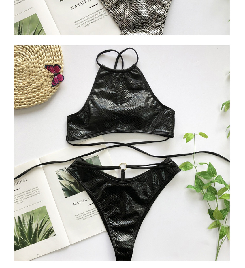 Fashion Black Lace-up Snake Print Metal Loop Cutout Swimsuit,Bikini Sets