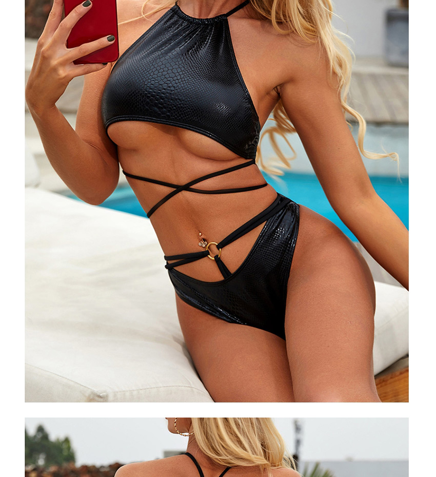 Fashion Black Lace-up Snake Print Metal Loop Cutout Swimsuit,Bikini Sets