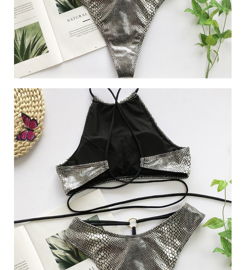 Fashion Silver Lace-up Snake Print Metal Loop Cutout Swimsuit,Bikini Sets