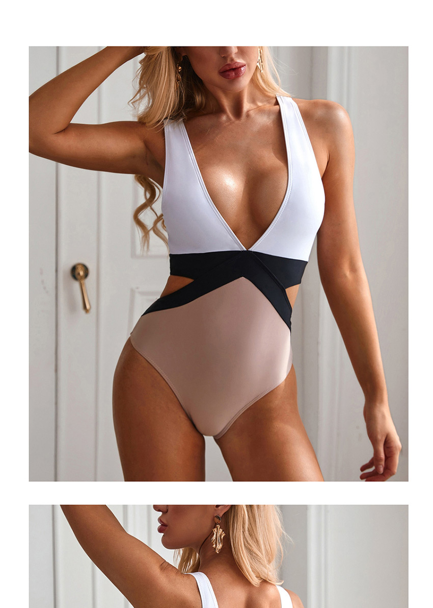 Fashion White + Dot Polka-dot Print Stitching Contrast Cutout One-piece Swimsuit,One Pieces