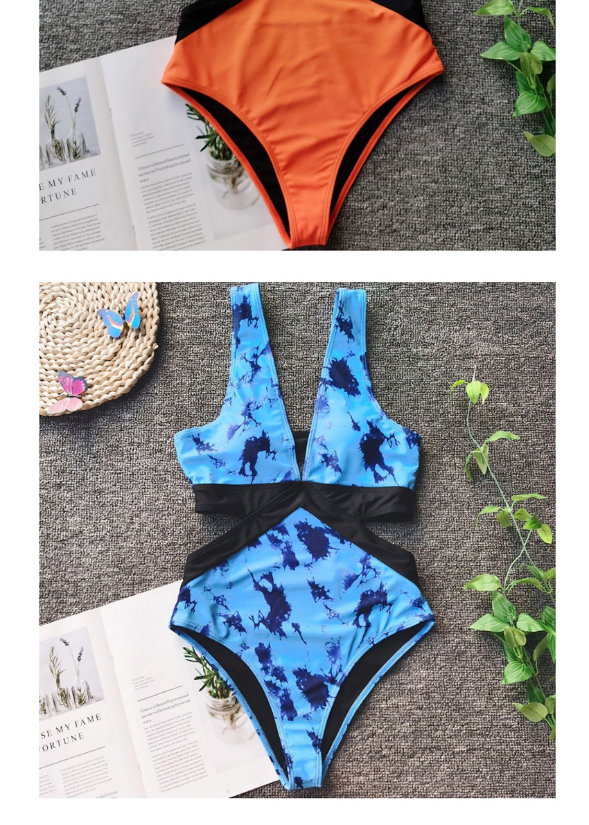 Fashion Tie Dye Tie-dye Printed Stitching Contrast Cutout One-piece Swimsuit,One Pieces