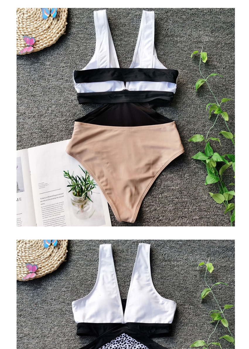 Fashion White + Khaki Contrast Color Cutout One-piece Swimsuit,One Pieces