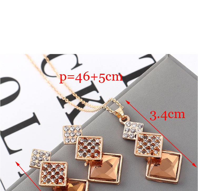 Fashion Pink Geometric Square Diamond Earrings Necklace Set,Jewelry Sets