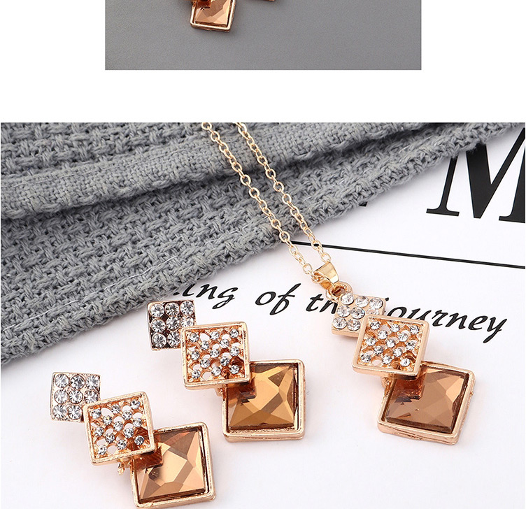 Fashion Coffee Geometric Square Diamond Earrings Necklace Set,Jewelry Sets