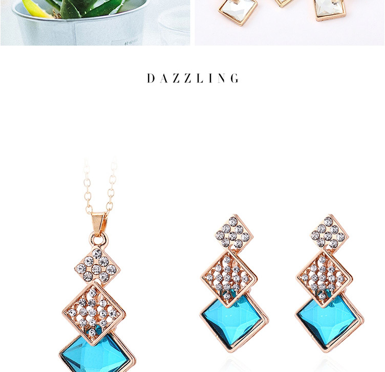 Fashion White Geometric Square Diamond Earrings Necklace Set,Jewelry Sets