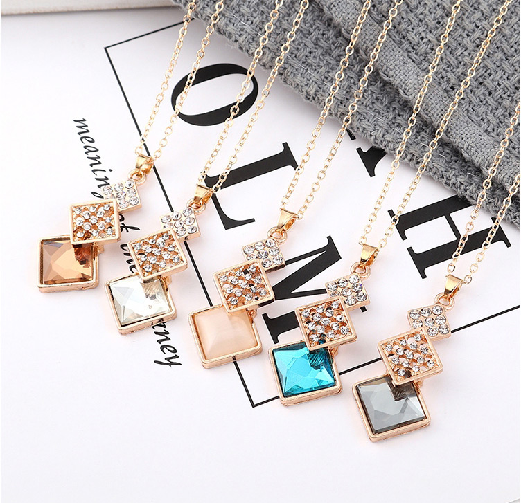 Fashion Pink Geometric Square Diamond Earrings Necklace Set,Jewelry Sets