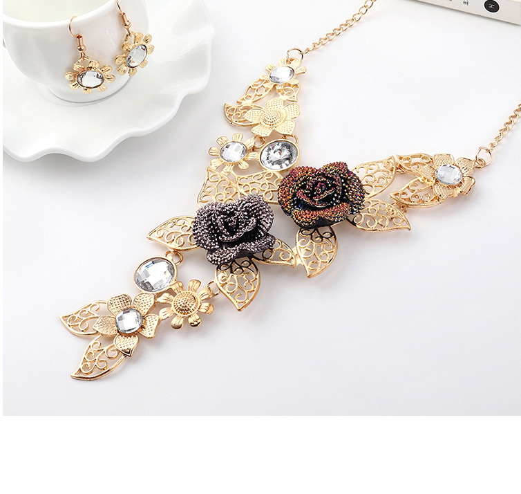 Fashion Gold Flower Diamond Earrings Necklace Set,Jewelry Sets