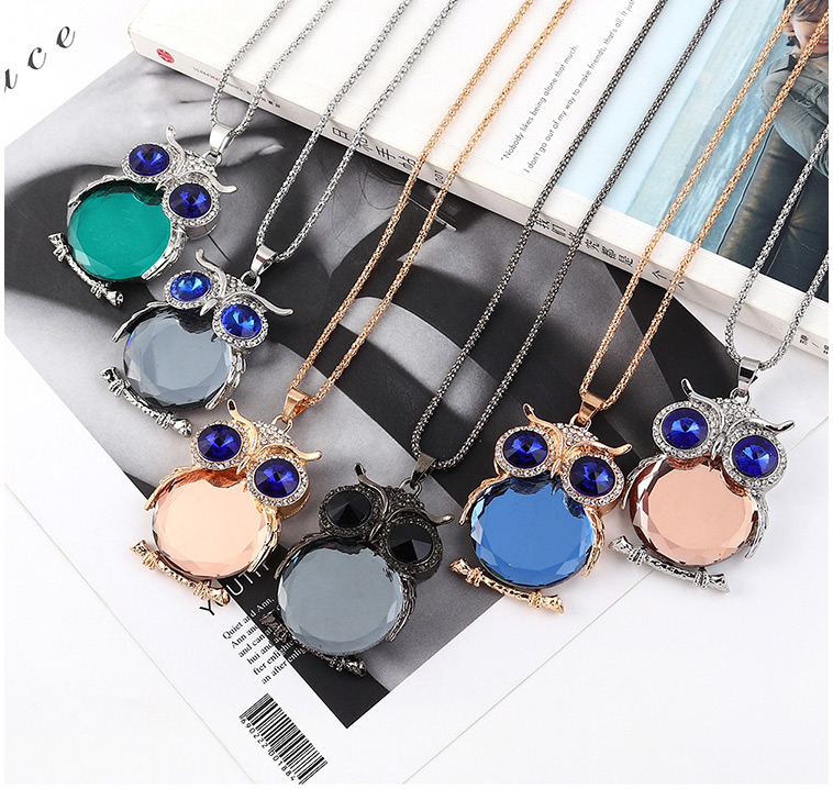 Fashion Platinum + Blue Owl With Diamond Necklace,Bib Necklaces