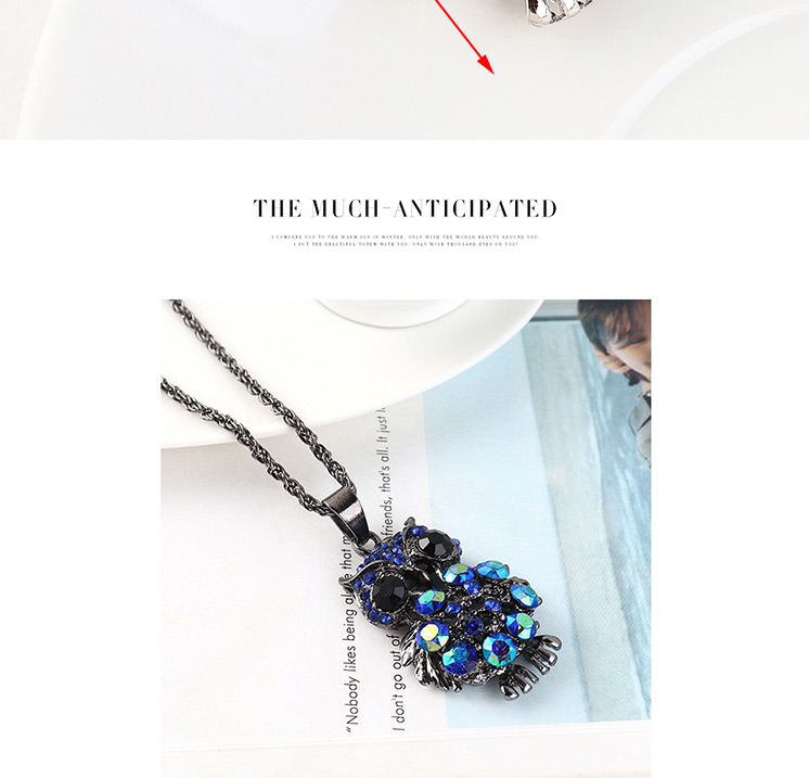 Fashion Gun Black + Blue Owl Diamond Cutout Necklace,Bib Necklaces
