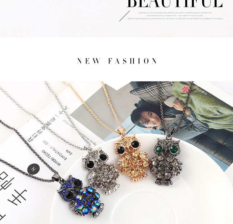 Fashion Gun Black + Green Owl Diamond Cutout Necklace,Bib Necklaces