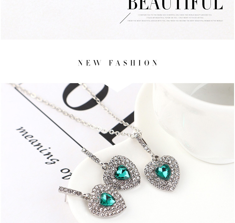 Fashion Green Heart-studded Necklace Earring Set,Jewelry Sets
