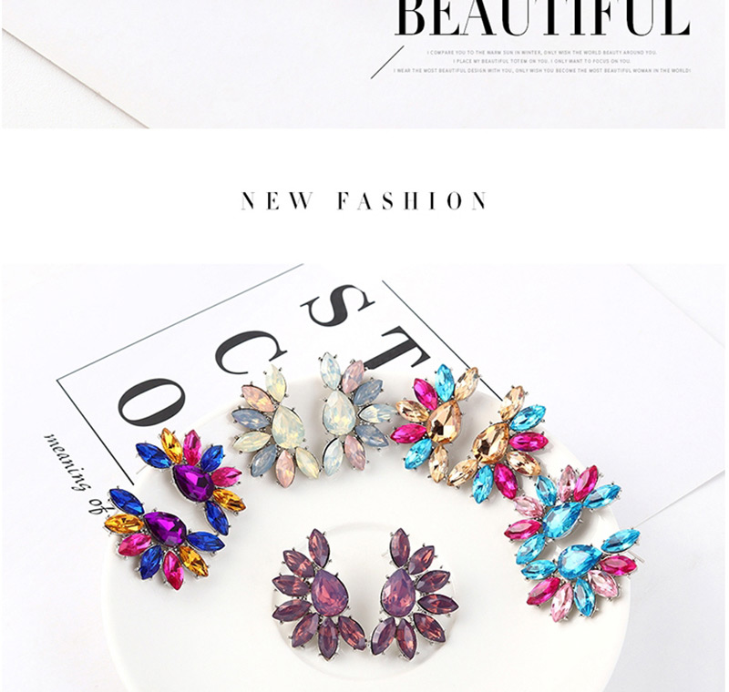 Fashion Blue + Powder + Purple Half Flower And Diamond Earrings,Stud Earrings