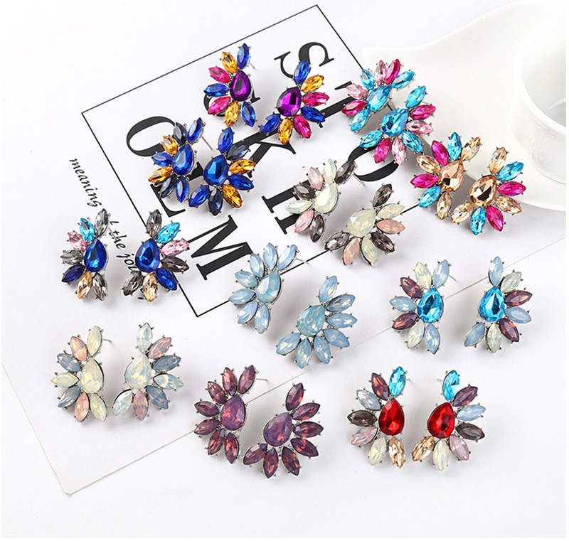 Fashion Blue + Black + Powder Half Flower And Diamond Earrings,Stud Earrings