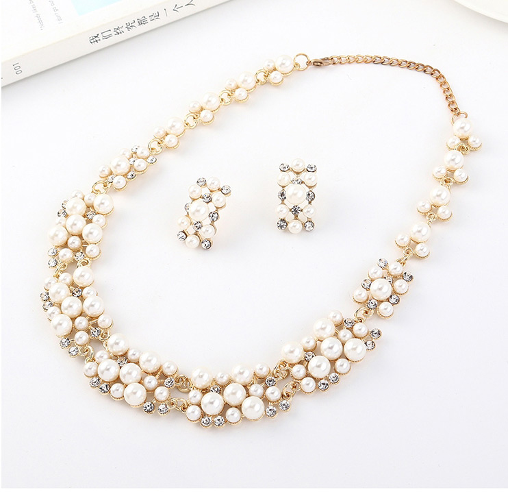 Fashion Gold Diamond Pearl Necklace Earring Set,Jewelry Sets