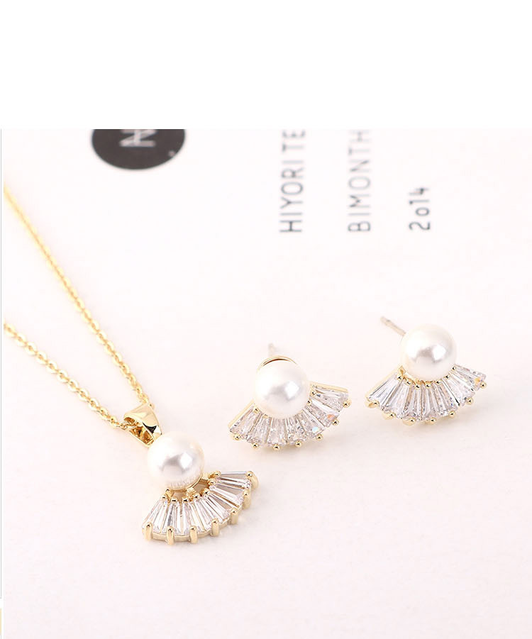 Fashion 14k Gold Pearl Scallop Necklace Set With Diamonds,Jewelry Set