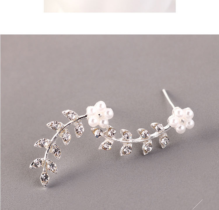 Fashion White Pearl Flower Twig Earrings With Diamonds,Earrings