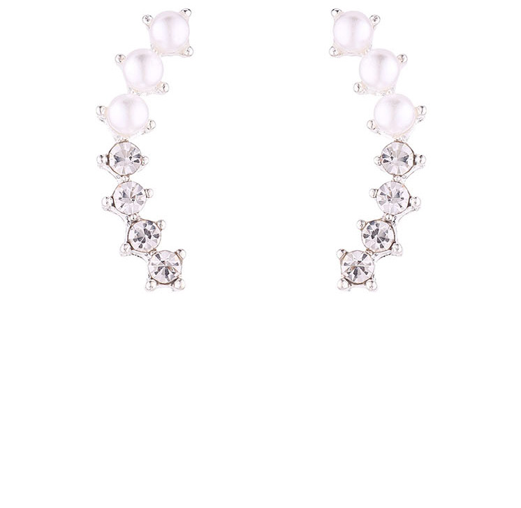 Fashion Platinum Small Crescent Half Pearl And Rhinestone Stud Earrings,Stud Earrings