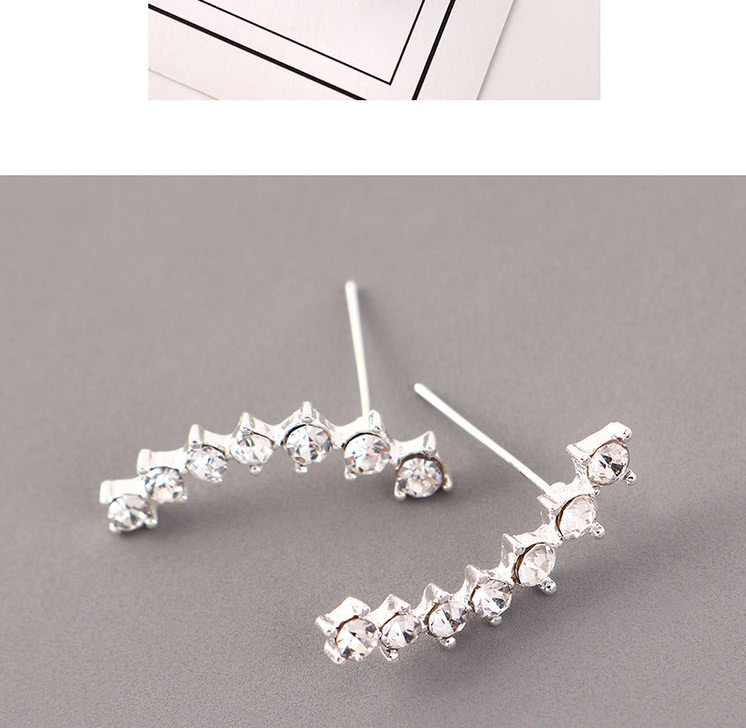 Fashion Platinum Small Crescent Half Pearl And Rhinestone Stud Earrings,Stud Earrings