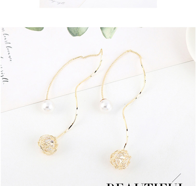 Fashion Golden Gold-plated Pearl Ball Cutout Long Earrings,Earrings
