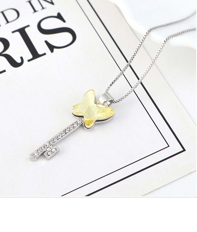 Fashion Pale Yellow Diamond Butterfly Key Necklace With Diamonds,Pendants